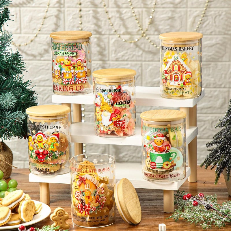 Shellwei 6 Pcs Christmas Glass Storage Jar with Airtight Bamboo Lid Gingerbread Man Clear Cookie Candy Storage Christmas Canister Set 19oz for Kitchen Containers Countertop Decoration - Image 2